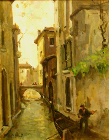 ZOLLA VENANZIO GB 1880 - 1961 Torino "Calle veneziana con gondoliere" 50x40...