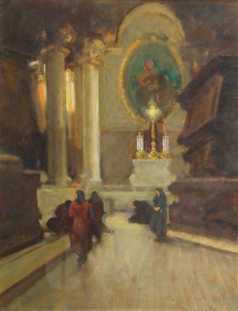 ZOLLA VENANZIO GB 1880 - 1961 Torino "Interno di chiesa" 50x40 olio su...