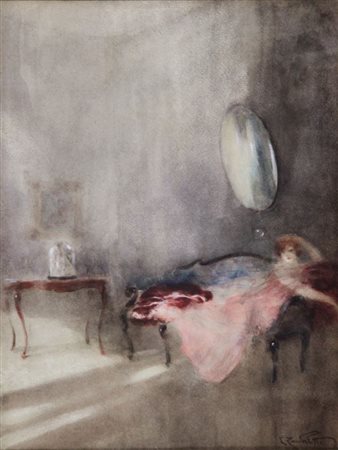 ZAMBELLETTI LODOVICO Milano 1881 - 1966 "Interno, donna sdraiata" 37x28...