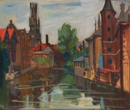 VELLAN FELICE Torino 1889 - 1976 "Bruges" 1933 37,5x44,5 tempera su carta...
