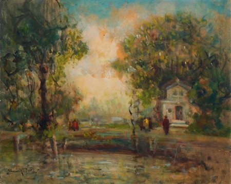 ZOLLA VENANZIO GB 1880 - 1961 Torino "Il parco" 40x50 olio su cartone Opera...