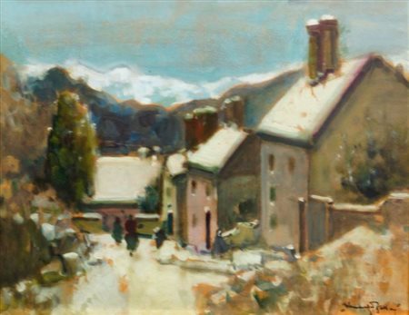 ZOLLA VENANZIO GB 1880 - 1961 Torino "Borgo montano innevato" 40x50 olio su...