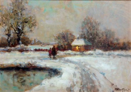 ZOLLA VENANZIO GB 1880 - 1961 Torino "Paesaggio innevato con figure" 50x70...