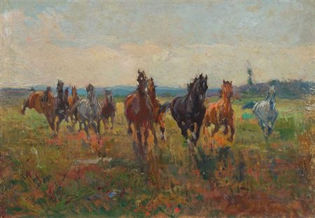 VACCARI ALFREDO Torino 1877 - 1933 "Cavalli bradi" 50x35 olio su tavoletta...