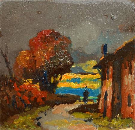 GHIVARELLO BENEDETTO Torino 1882 - 1955 Paesaggio con figura 12x12 olio su...