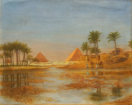 VALLI AUGUSTO Modena 1867 - 1945 "Le piramidi e personaggi visti dal Nilo"...