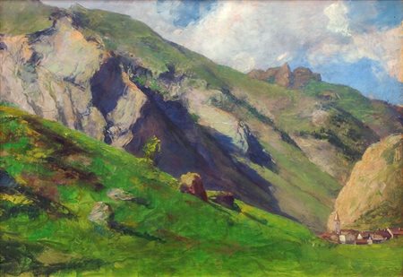 PITTORE ANONIMO DEL XIX SECOLO "Paesaggio montano" 32x46 olio su tavola di...