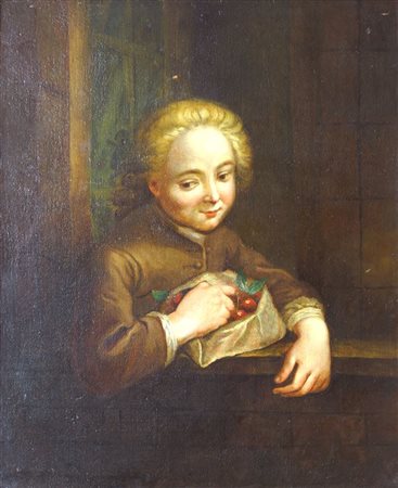 PITTORE ANONIMO "Bambino con ciliegie" 73x60 olio su tela