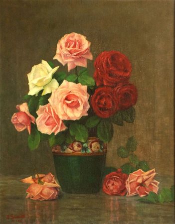 SIMONETTI DOMENICO Candia Canavese (TO) 1893 - ? "Rose" anni '920 64x50 olio...