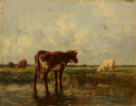 PITTARA CARLO Torino 1836 - 1890 Rivara (TO) "Mucche al pascolo" 19x24 olio...