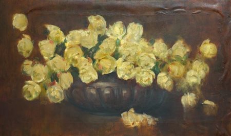 SERRALUNGA LUIGI Torino 1880 - 1940 "Vaso di rose tea" 60x105 olio su tela...