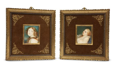 COPPIA DI MINIATURE Cm 6,5x5 Su avorio, probabilmente russe, primi anni XX...