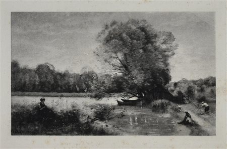 PAESAGGIO SUL FIUME, 1880 fotoincisione, cm 25,3x32,8 (con cornice) sul...