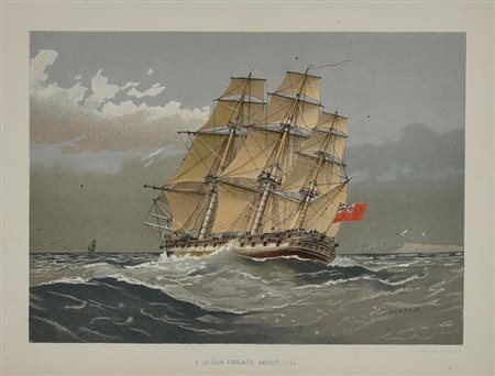 A 38-GUN FRIGATE ABOUT 1770 cromolitografia, cm 45x49,9 (con cornice) sul...