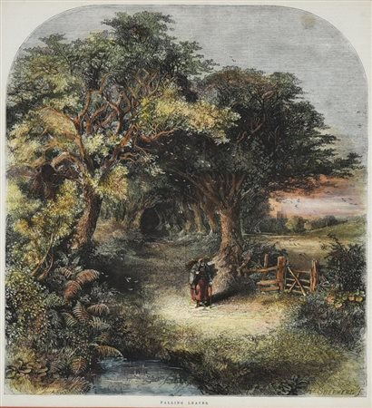 FALLING LEAVES, 1858 silografia con acquarellatura coeva, cm 51x44,9 (con...