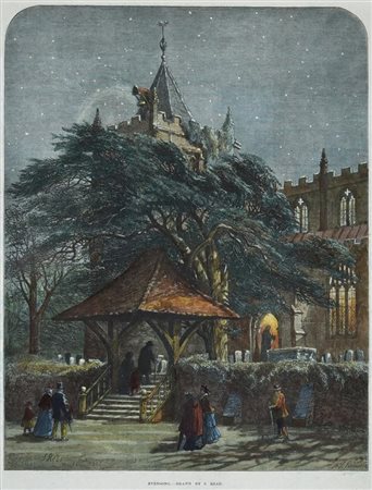 EVENSONG, 1872 silografia con acquarellatura coeva, cm 52,8x44,8 (con...