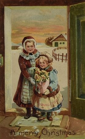 A MERRY CHRISTMAS, 1908 cromolitografia, cm 27x22 (con cornice) Cartolina...