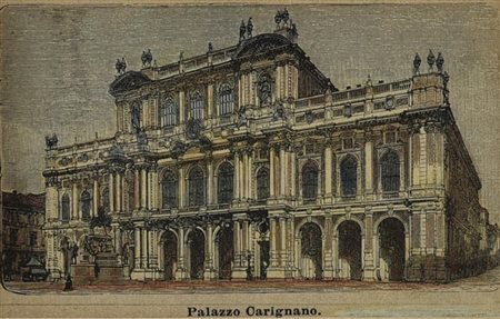 PALAZZO CARIGNANO, 1887 silografia con acquarellatura coeva, cm 22,2x29,1...