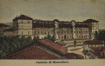CASTELLO DI MONCALIERI, 1887 silografia con acquarellatura coeva, cm...