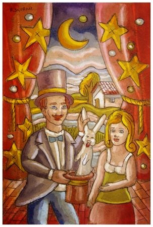 ROBERTO SGUANCI Firenze 1948 Il prestigiatore e l’assistente Olio su cartone...