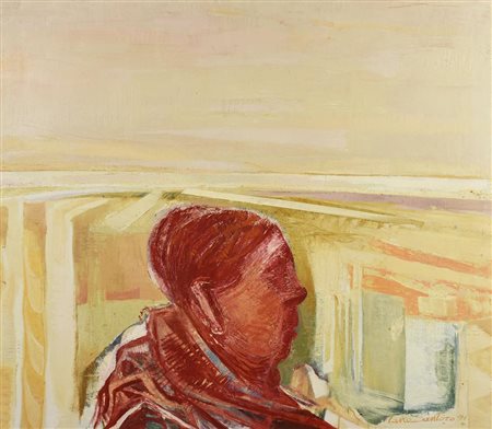 Tano Santoro DONNA SU PAESAGGIO, 1971 olio su tela, cm 70x80 firma e data sul...