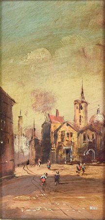 Ignoto PAESAGGIO CITTADINO olio su tavola, cm 18x9