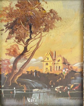 Ignoto PAESAGGIO olio su tavola, cm 9x7 firma