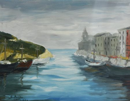 G. Dalle Ceste PORTO VENEZIANO, 1974 olio su tela, cm 40x50 firma e data sul...