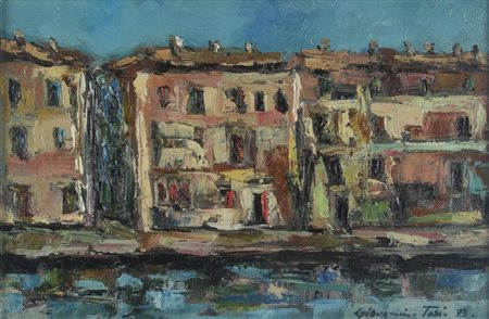 Giovanni Tosi CASE SUL NAVIGLIO, 1973 olio su tela, cm 20x30 firma e data sul...