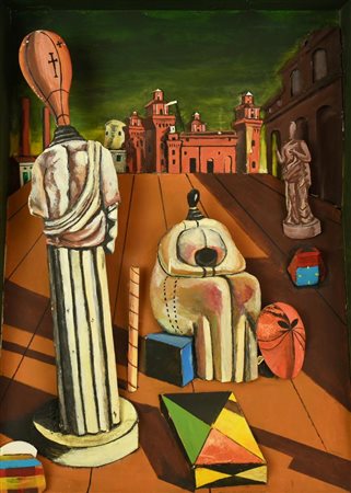 Anonimo OMAGGIO A DE CHIRICO. TEATRINO applicazioni di cartone su compensato...