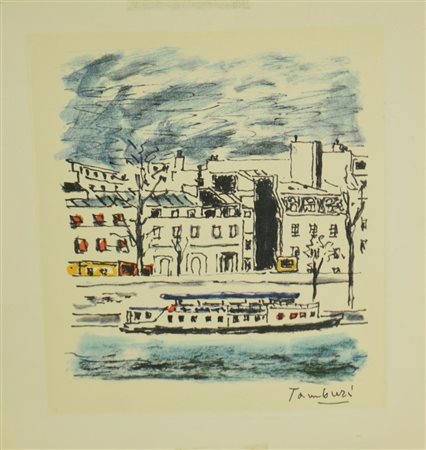 Orfeo Tamburi BATTELLO riproduzione fotolitografica su carta, cm 32x34 firma...