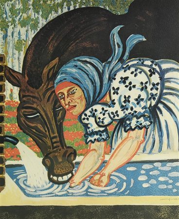 Giuseppe Migneco LAVANDAIA E CAVALLO stampa fotolitografica su carta, cm...