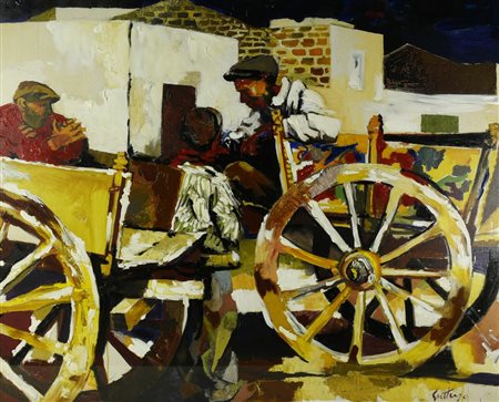Renato Guttuso UOMINI SUL CARRO stampa su tela con ritocchi in acrilico...