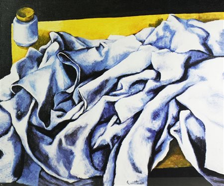 Renato Guttuso TAVOLO CON PANNEGGIO stampa su tela, cm 52x62 firma in lastra