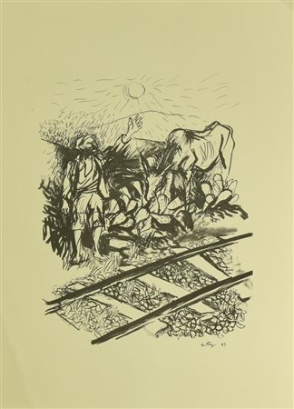 Renato Guttuso UOMO SULLE ROTAIE riproduzione fotolitografica su carta, cm...