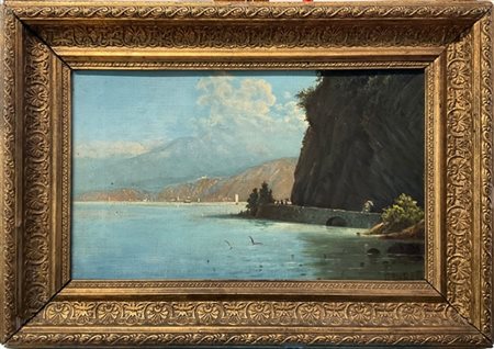 Giuseppe De Rubelli "Veduta di Mandello, Lago di Lecco" 
olio su tela (cm 23,5x3