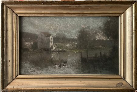 Alexandre Defaux "Stagno con case rurali" 
pastelli colorati su carta applicata