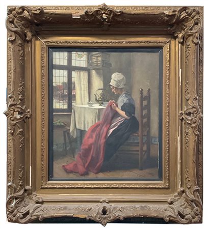 Carl Leopold Voss "La sarta" 
olio su cartone (cm 45x37)
Firmato in basso a dest