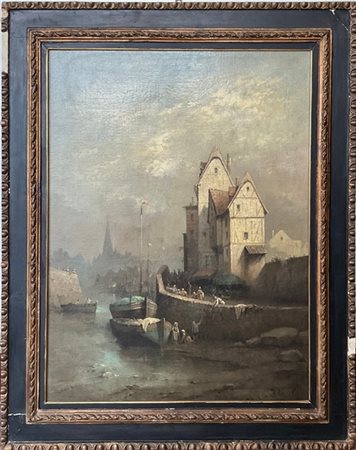 Inoel (attivo nel secolo XIX)"Lungo il Tamigi" olio su tela (cm 93x73)Firma