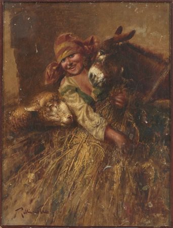 Tito Pellicciotti "Pastorella con animali" 
olio su carta applicata a compensato