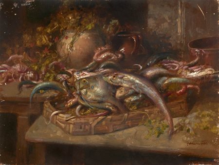 Tito Pellicciotti "Composizione con pesci" 
olio su compensato (cm 22,5x30,5)
Fi