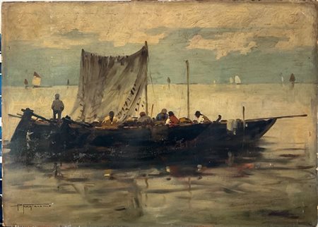 Pietro Fragiacomo "Peschereccio in laguna" 
olio su cartone (cm 49x69)
Firmato i
