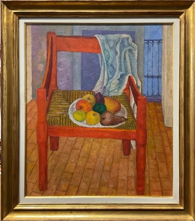 Vito Melotto "La sedia rossa" 
olio su tela (cm 70x60)
Firmato in basso a destra