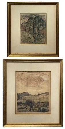 Carlo Fornara Coppia di disegni raffiguranti "Sera" e "Tramonto"tecnica mista su