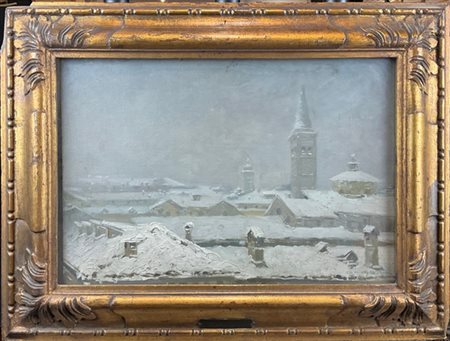 Gianfranco Campestrini  "I tetti di Milano sotto la neve"  olio su cartone telato (cm 35x50)