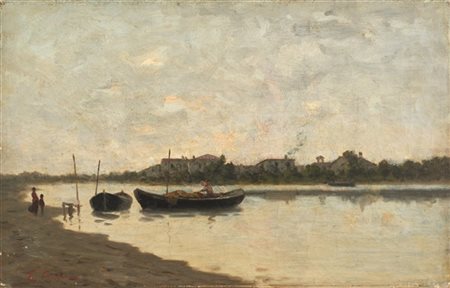 Eugenio Gignous "Scorcio fluviale con barche" 
olio su tela (cm 25x39)
Firmato i