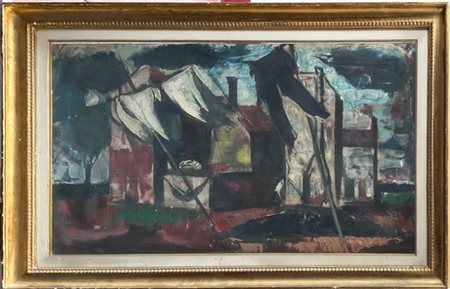 Silvio Consadori "Burano" 
olio su tela (cm 60x100)
Firmato in basso
al retro: f