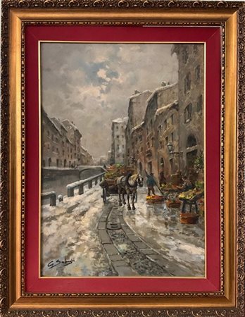 Giuseppe Solenghi "Navigli sotto la neve" 
olio su tela (cm 70x50)
Firmato in ba