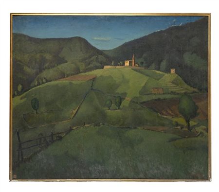 Luigi Zago "Chiesetta sul colle" olio su compensato (cm 100x120)Firmato in bas