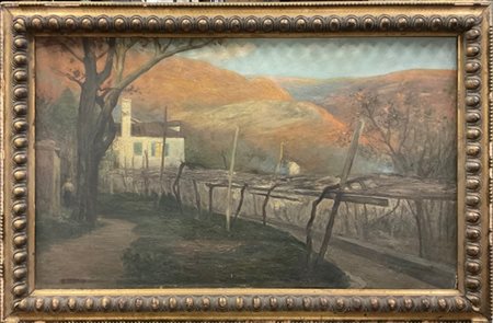 Pietro Fragiacomo "Paesaggio con villa" 
olio su cartone (cm 60x100)
Firmato in